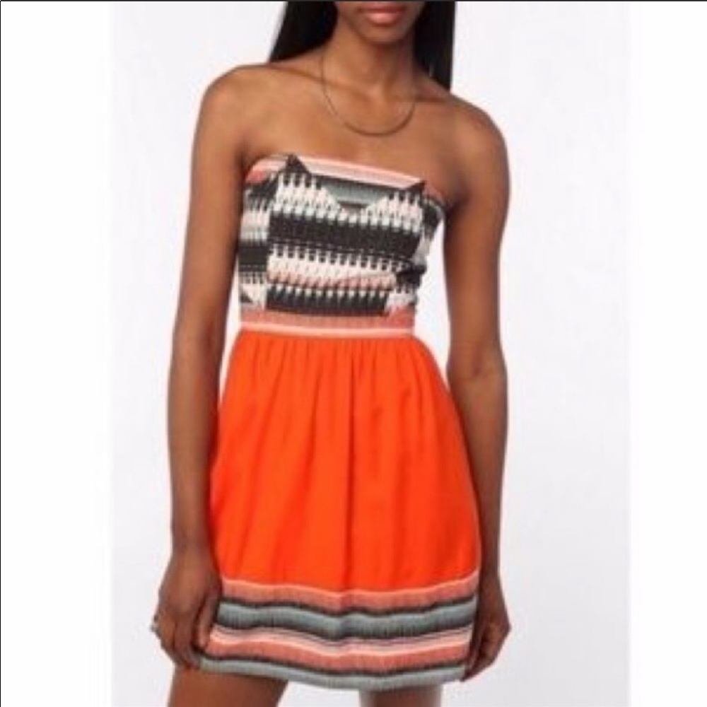 silence + noise Orange Strapless Patterned Bandeau Dress
